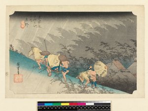 TH Riches 1913 عاصفة مطيرة مفاجئة في Shono ("Shono haku-u") ، رقم 46 من سلسلة "53 Stations of the Tokaido" ("Tokaido gojusan tsugi no uchi &39;) Pub. بواسطة Hoeido، 1833 (oban size، yoko- أفقي ل